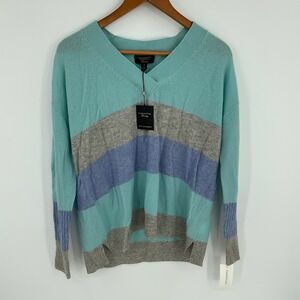 Charter Club Luxury 100% Cashmere‎ V Neck Striped Sweater Aqua Frost XS